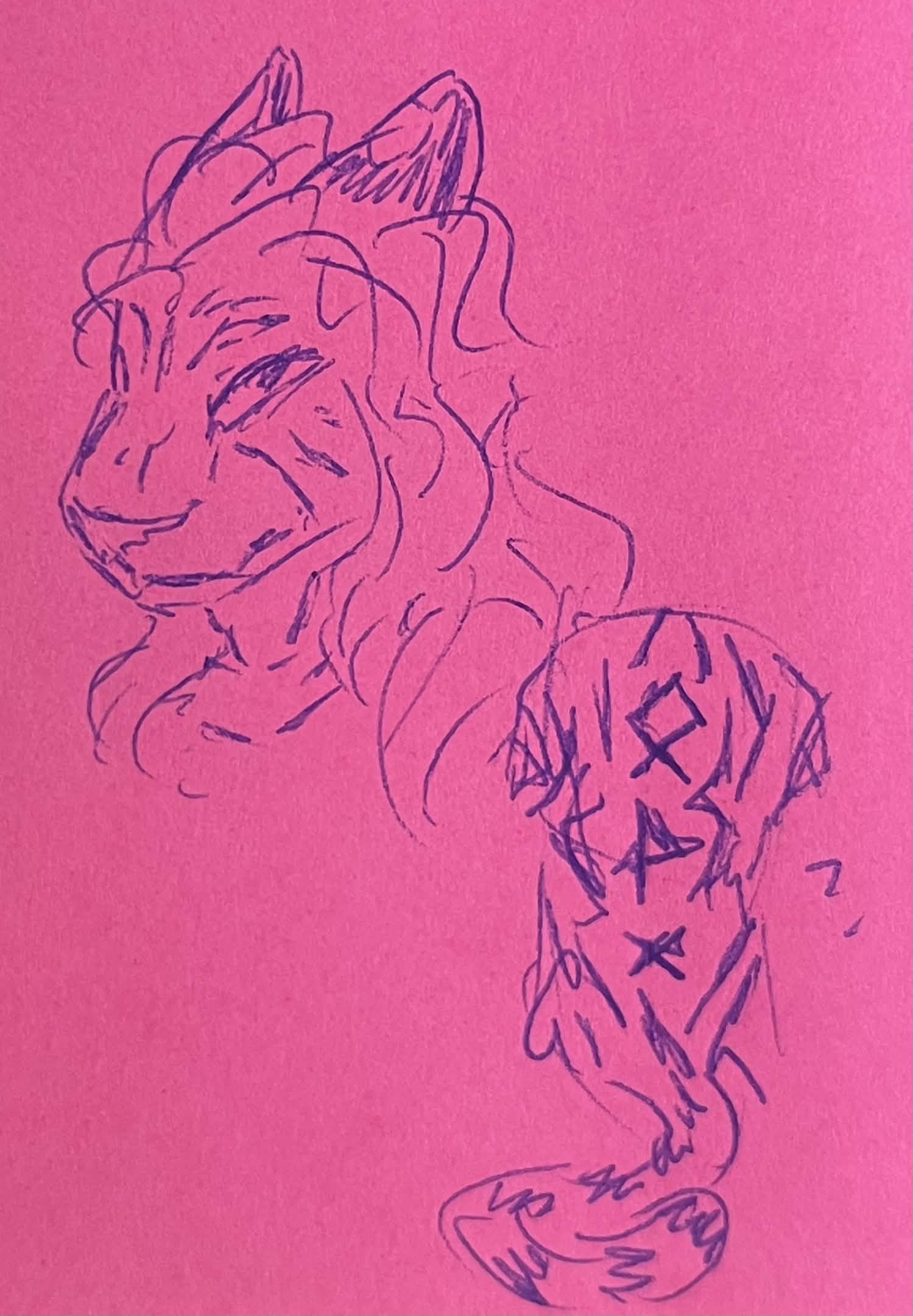While my furry AU sees the Maximoff twins as jackrabbits, my sibling has a vision of them as wildcats, and I am the furry artist between us. They describe Wanda as a tiger with magic runes mixed into her stripes. I was at work when I drew these though, so I was fully winging it
